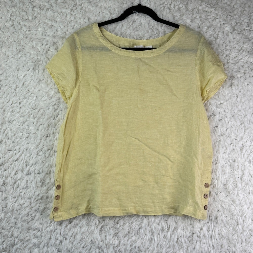 CRZ Yoga Women's Lemon Yellow Linen Blend Short Sleeve Top Button Accent M